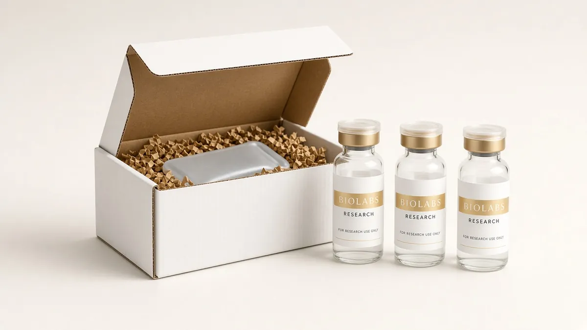 Shipping box packed with BioLabs Research vials